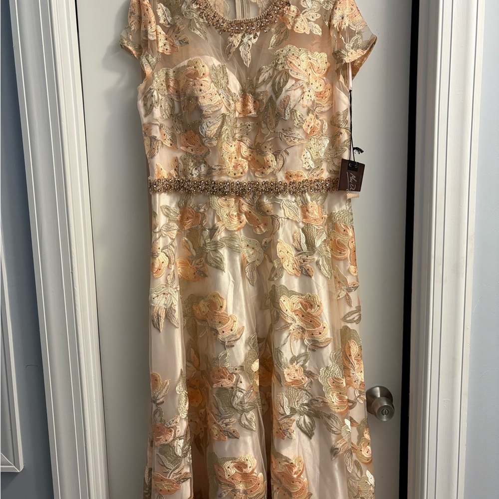 Mac Duggal Floral Embellished Midi Dress - Peach and Gold